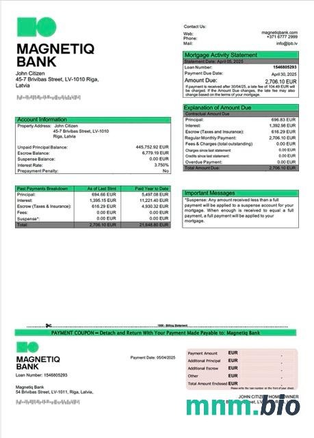 Łotwa Bank Magnetiq wyciąg z kredytu hipotecznego szablon Word i PDF